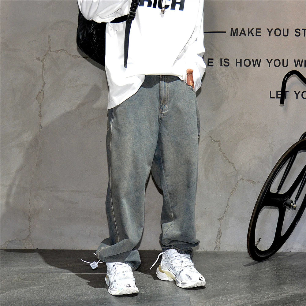 American Streetwear Baggy Jeans For Men's Clothing Vintage Distressed Gray Denim Pants Harajuku Casual Skateboard Pants Male