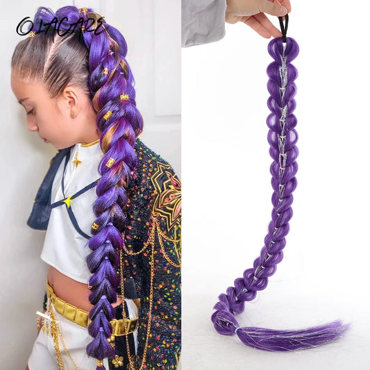 32-inch Braided Purple Hair Ponytail with Tinsel Hair Wig, Super Extensions, Shiny Tinsel Hair for Kids, Christmas Cosplay Rumi Hair