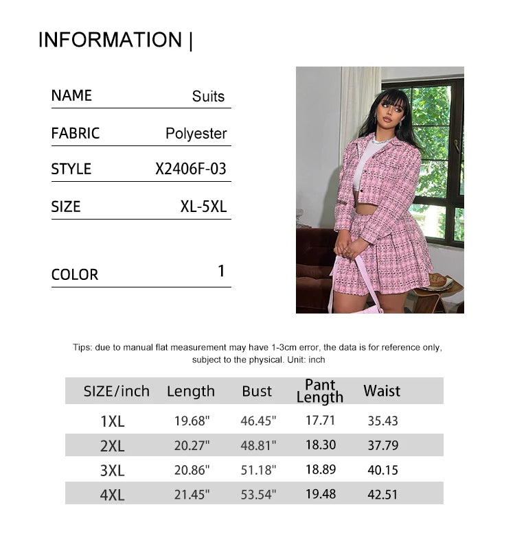 Plus-Size Women's Tweed Two-Piece Set: Cropped Blazer and Mini Skirt—Perfect for Casual Outfits, Dates, and Parties