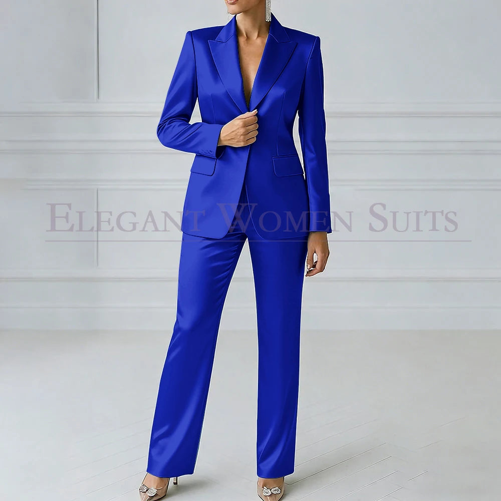 Elegant Blue Evening Women's Suits 2 Piece Jacket Pants Sets High Quality Royal Blue One-Button Slim Fit Office Blazer Clothing