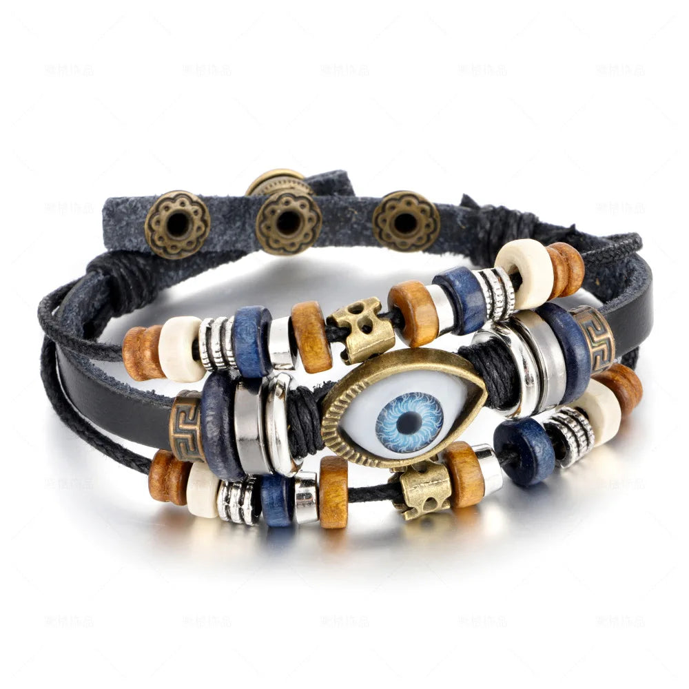 Bracelet Cuir Tressé Perles Bois | Unisexe Ethnique Tribal | Fait Main | Manchette Femme & Homme