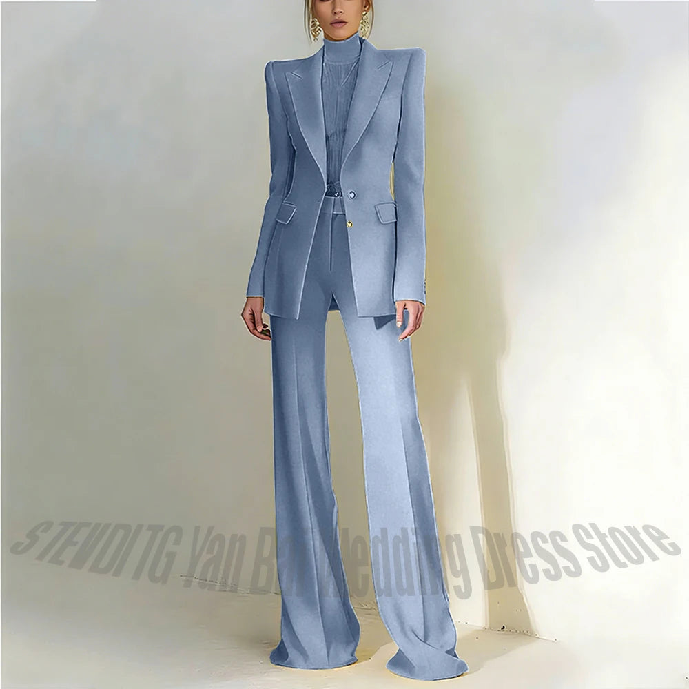 Women's Pant Suit 2 Piece Set Office Female Business Work Formal Jacket Trouser One Button Chic Yellow Peaked Lapel Elegant Suit