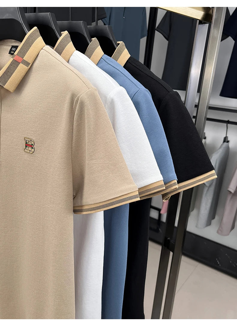 Luxury brand logo short-sleeved polo shirt for men's summer new high-end silk-cotton breathable casual fashion T-shirt clothing