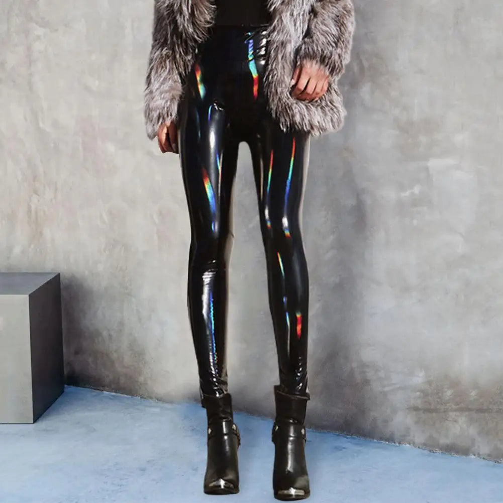 Pantalon Crayon Faux Cuir Femme | Taille Haute Miroir Brillant | Slim Soirée Nightclub | Sexy