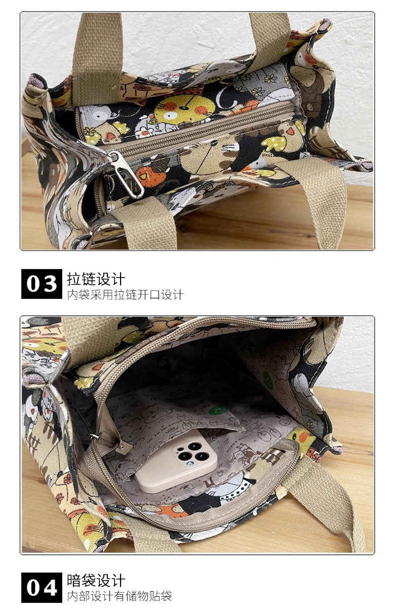 Fashionable Top-Handle Bag with Cute Cat Pattern, Portable Mommy Bag for Women