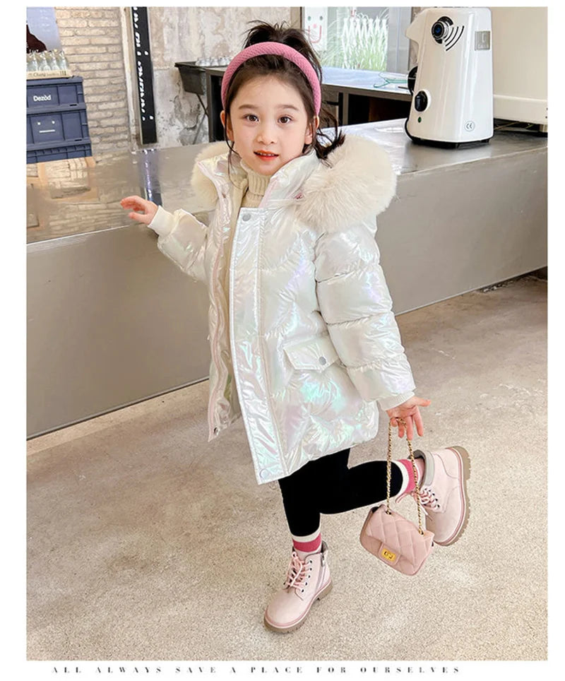 Doudoune Longue Fille Licorne | Imperméable Brillante | Col Fourrure Capuche | Parka Enfant Hiver