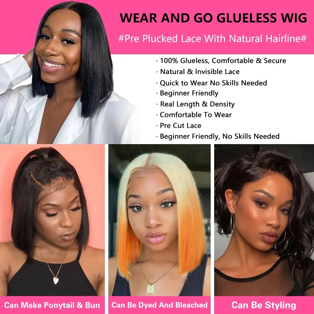 Perruque Bob Lisse Glueless | Wear & Go | Lace Front Pré-Coupée | Sans Colle | Cheveux Humains | Femme