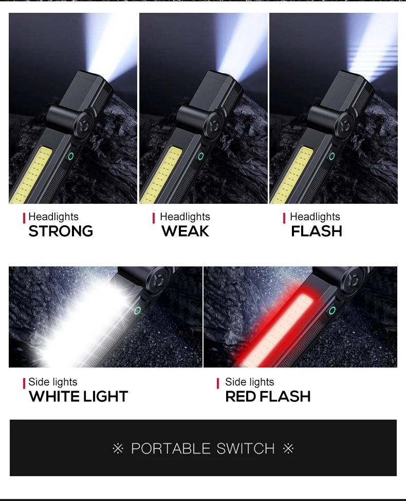 Portable Rechargeable Work Lights LED Folding Torch with Magnetic Base COB Light 90°Rotate Camping Emergency Lamp