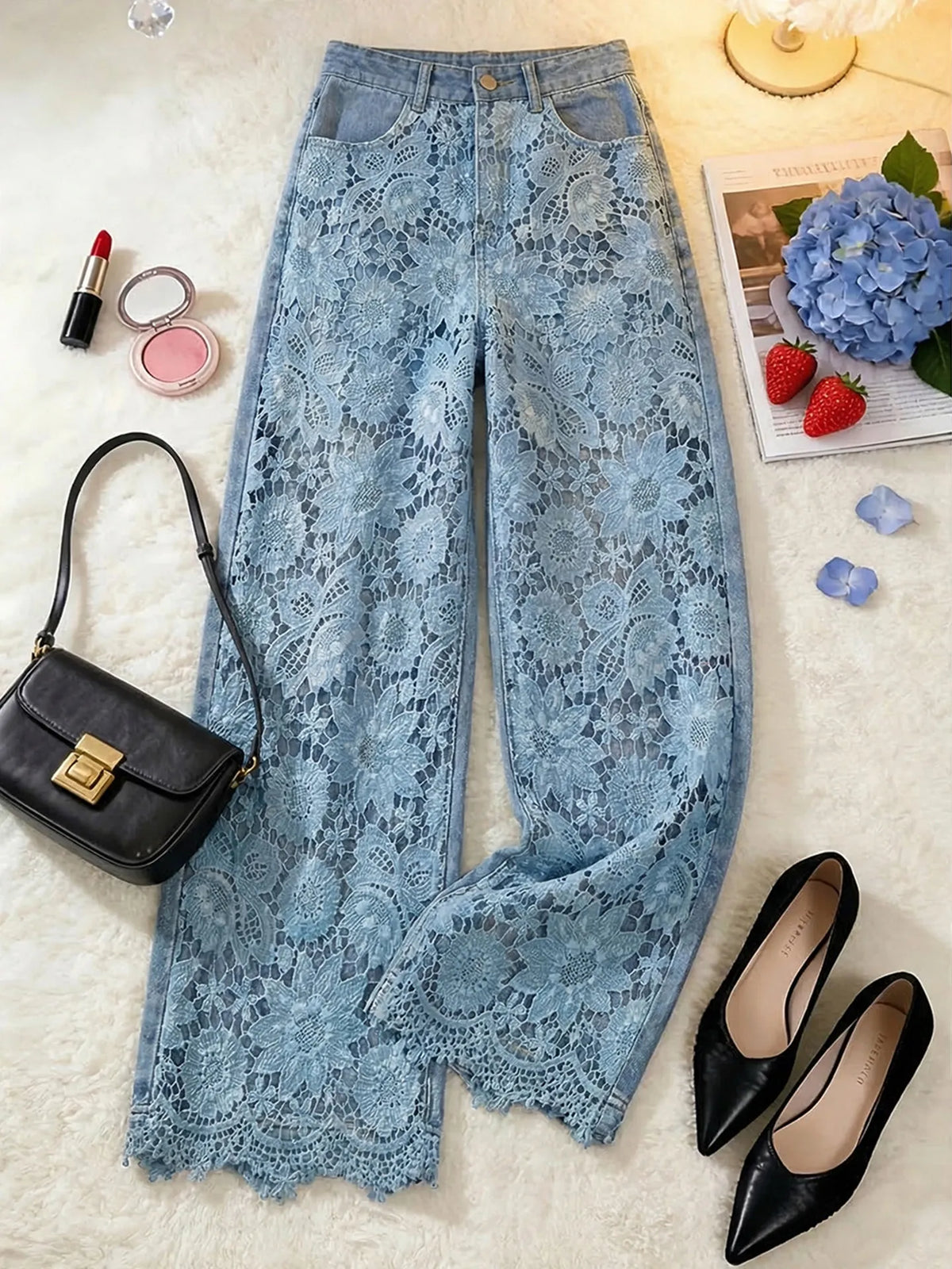 High Waist Wide Leg Pants Lace Splicing Hollow out Loose Fit Straight Cut Jeans Women's Spring Fashion Casual Trousers
