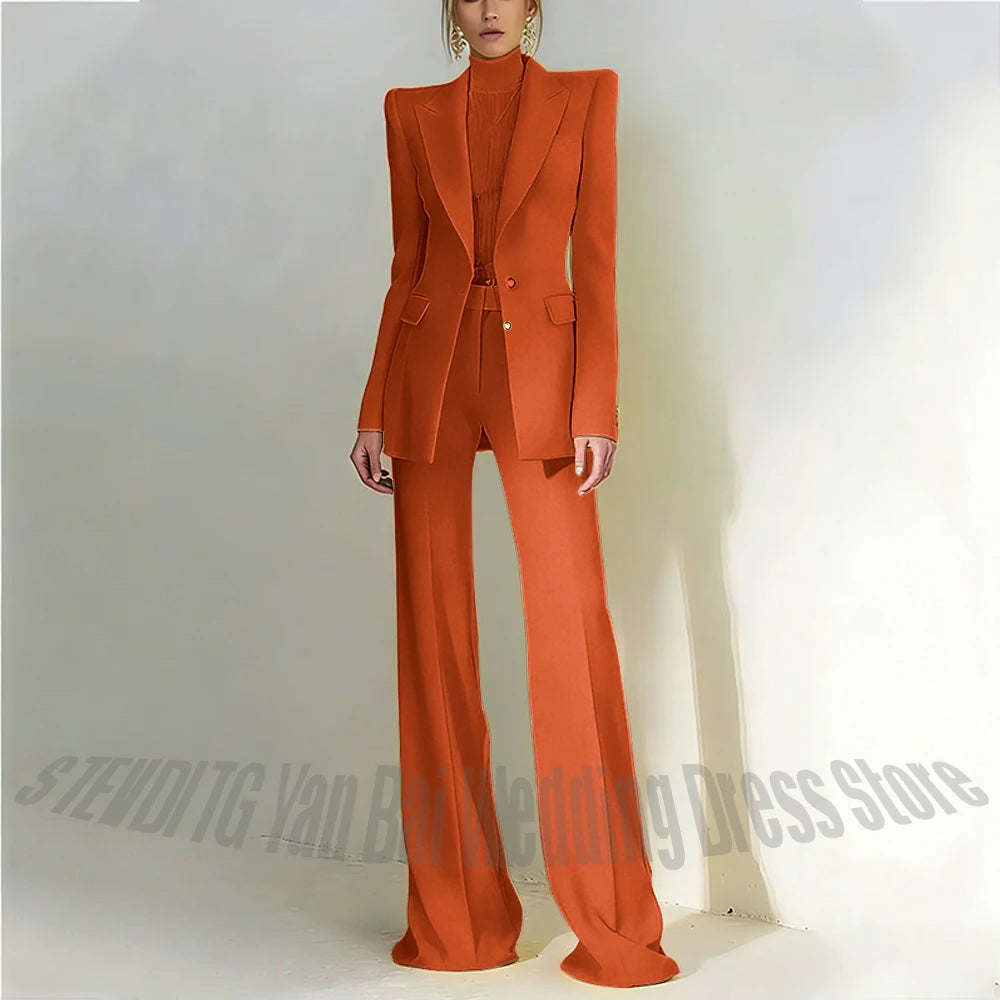 Women's Pant Suit 2 Piece Set Office Female Business Work Formal Jacket Trouser One Button Chic Yellow Peaked Lapel Elegant Suit