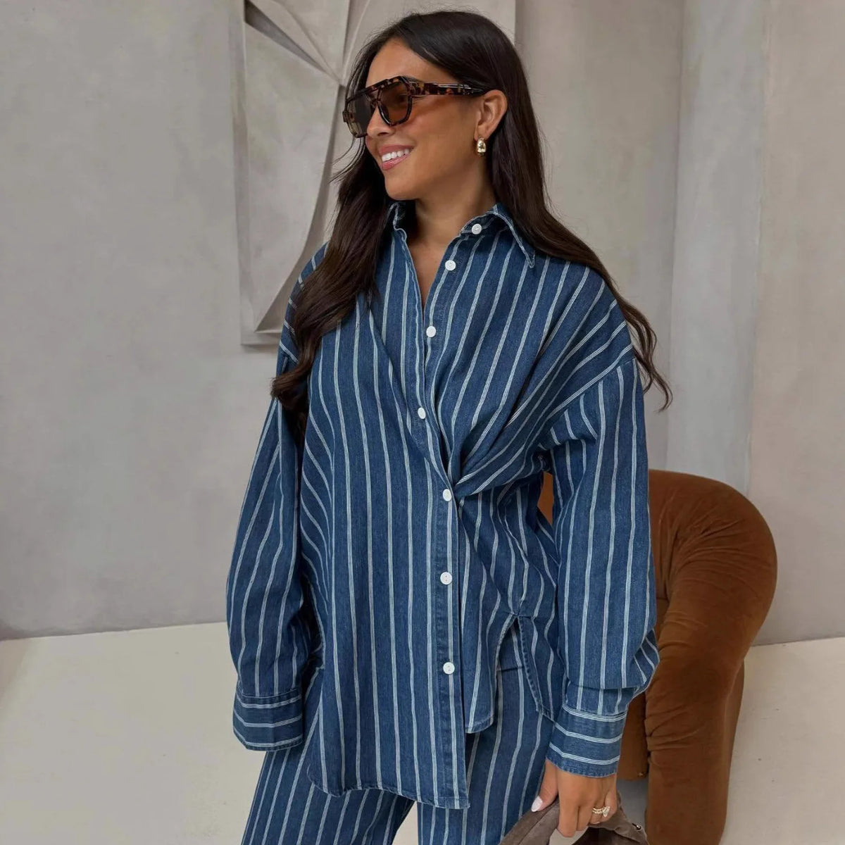 Ensemble 2 Pièces Femme Y2K | Chemise Col Rabattu Rayée & Pantalon Large Taille Haute | Streetwear