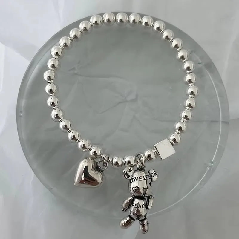 Bracelet Argent 925 Perles Ours Mignon | Pendentif Charme | Bijou Femme Fête & Anniversaire