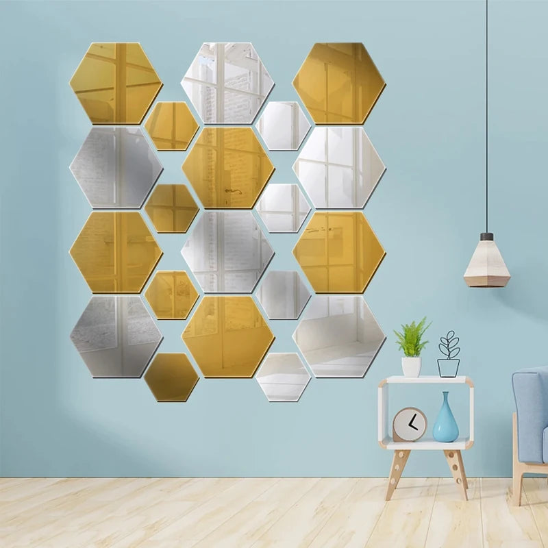 Hexagonal Mirror Wall Decals | Self-Adhesive 3D Acrylic Decorative Mirrors | Creative Wall Decals for Living Rooms and Bedrooms