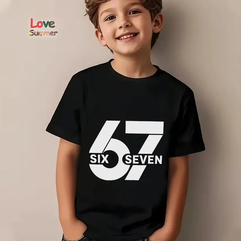 Boys' T-Shirt 6-7 Years T-Shirt 67 Number Print Casual Italian Brainrot Summer Top Suitable for Funny Gift for Casual Attire