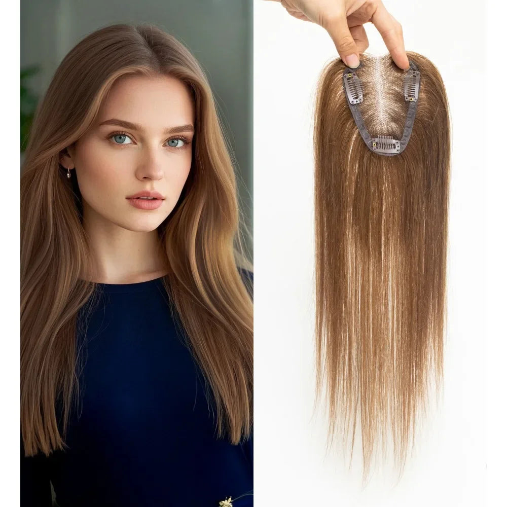 100% Human Hair Toppers Wigs with Bangs Silk Base Clip-in Hair Extension for Women 16-inch Topper Hair