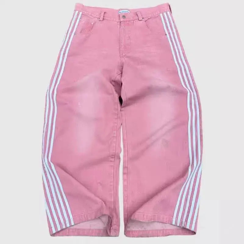 American Harajuku Style Baggy Jeans Y2K Streetwear Striped Denim Pants Men Women Casual Wide Leg Trousers Trendy High Street Pants
