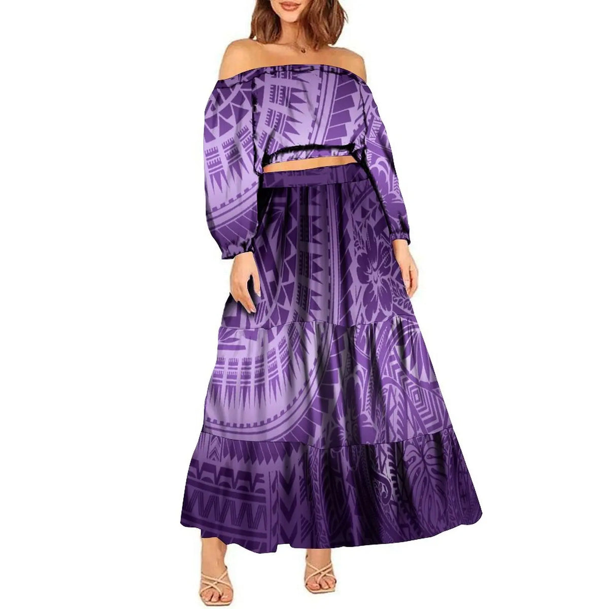 2024 Trendy 2 Piece Set Custom Polynesian Tribal One Shoulder Long Sleeve Crop Top Maxi Skirt Plus Size Women's Sets Dress