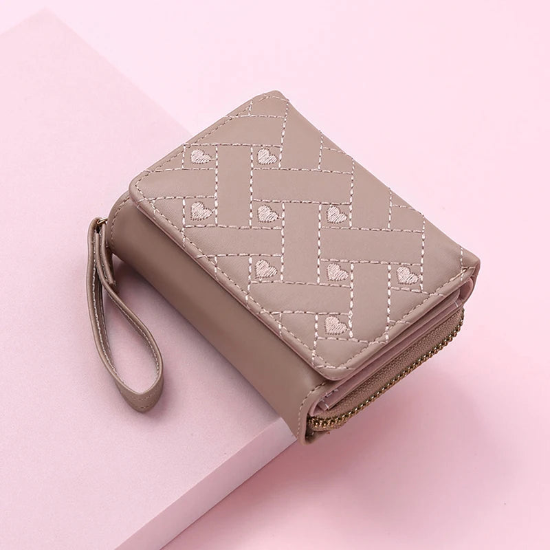 Women's Tri-Fold Wallet PU Card Holder Multi-Object Pocket Short Fashion Embroidered Love Pattern Korean Minimalist New 2023