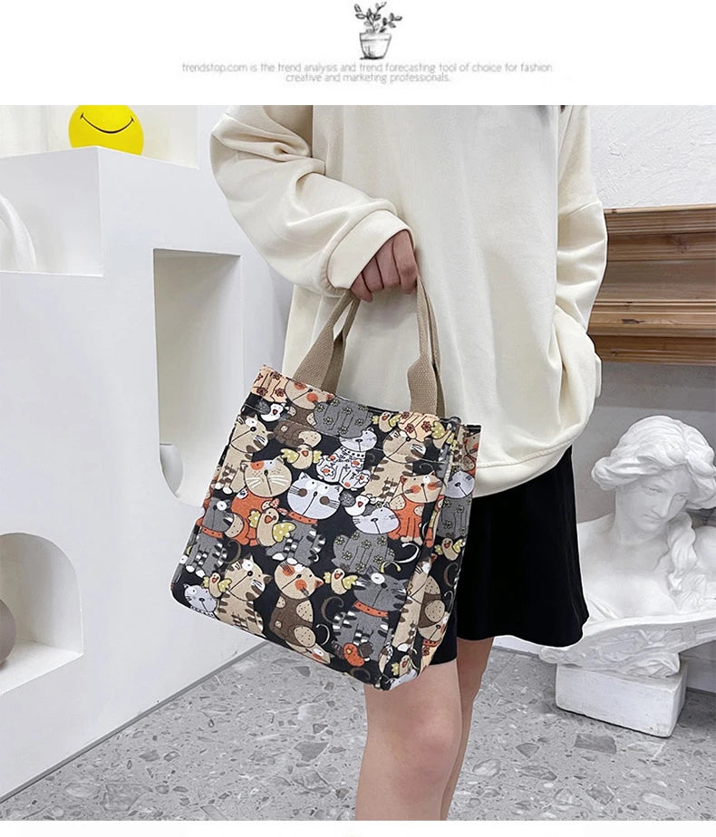 Fashionable Top-Handle Bag with Cute Cat Pattern, Portable Mommy Bag for Women