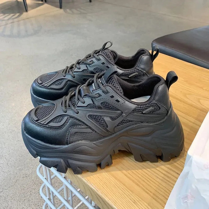2024 New Summer Black Chunky Casual Sneakers Women New Fashion Platform Sport Shoes Mesh Leather Platform Shoes