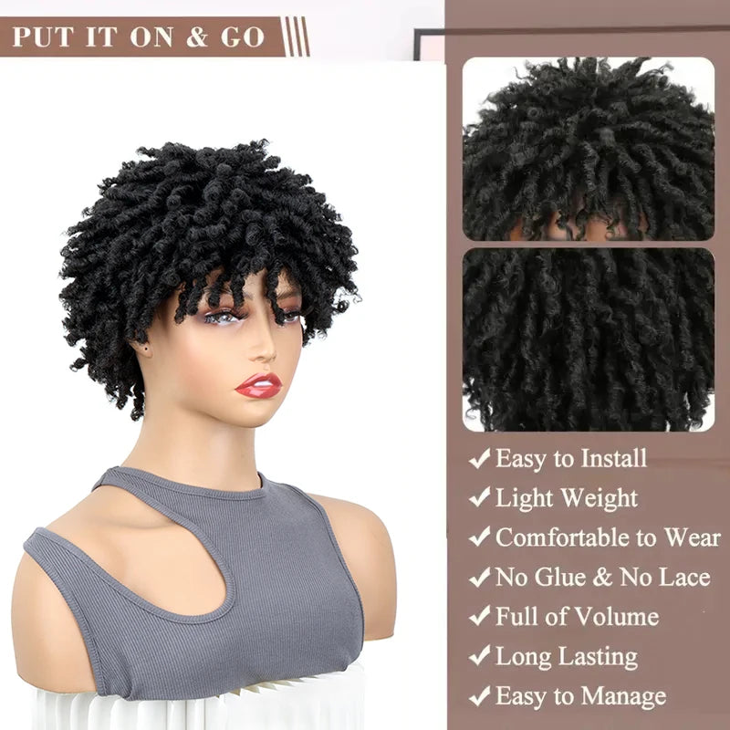 Perruque synthétique courte à fausses locks bouclées