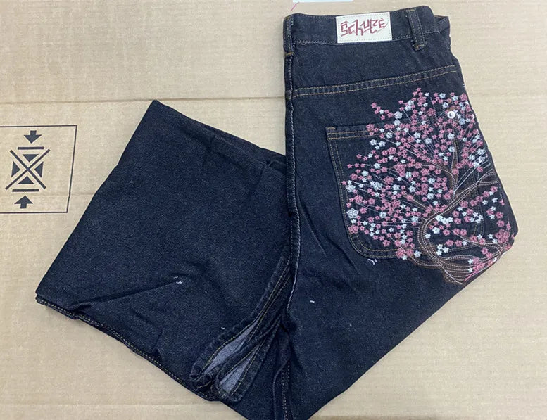 Jean Taille Basse Hip Hop | Fleurs Cerisier Brodé | Jambe Large Unisexe | Y2K Vintage Baggy