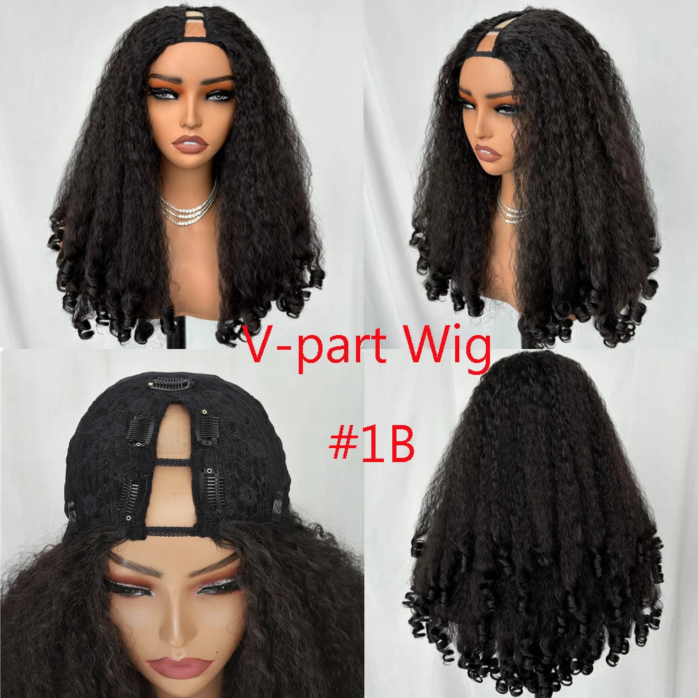 X-TRESS Afro Curly V Part Wig with Bouncy Curls Synthetic Kinky Straight Glueless Hair for Women No Leave out Clip in Half Wig