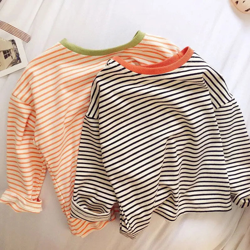 Boys and Girls Long-Sleeved T-shirt, Children's Base Layer, Spring and Autumn Pure Cotton Casual Versatile Striped Baby Top