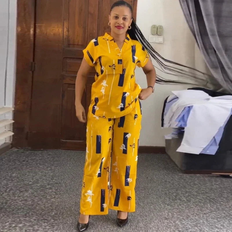 Ensemble Mode Africaine 2 Pièces Femme | Chemisier & Pantalon Droit | Tenue Coordonnée Été