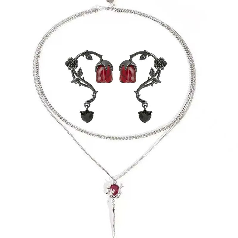 Double Layer Red Crystal Rose Pendant Necklace Layered Necklaces Thorn Rose Clavicle Chain Choker Earrings Goth Jewelry Set Gift