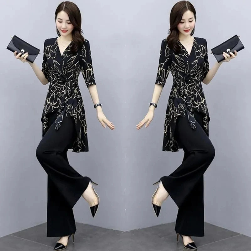 Ensemble 2 Pièces Femme Casual Imprimé | Top Manches Courtes & Pantalon Large | Été Blanc | Jusqu'au 4XL
