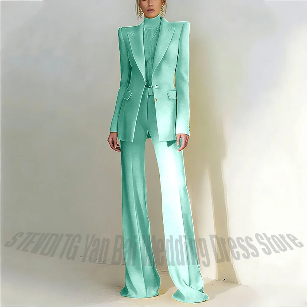 Women's Pant Suit 2 Piece Set Office Female Business Work Formal Jacket Trouser One Button Chic Yellow Peaked Lapel Elegant Suit