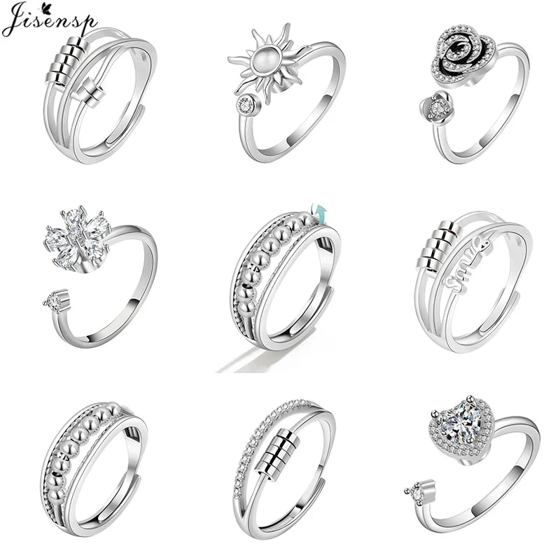 Rotating Jewelry Adjustable Anxiety Ring For Women Girls Fashion Flower Round Beads Pendant Finger Rings Anti-Stress Gifts