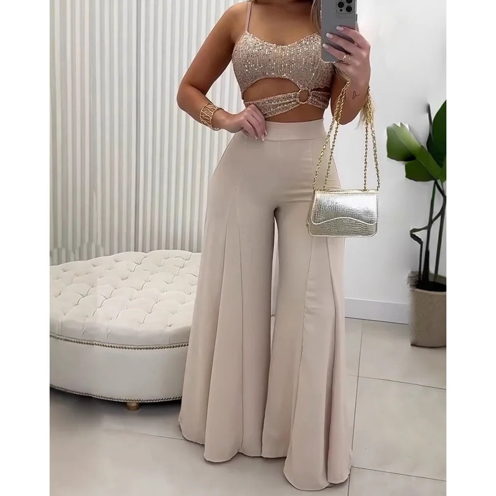 Women's 2-Piece Outfit Slim Fit Wide Leg Pants Spaghetti Strap Top Casual Elegant Summer Spring Matching Set For Party Vacation