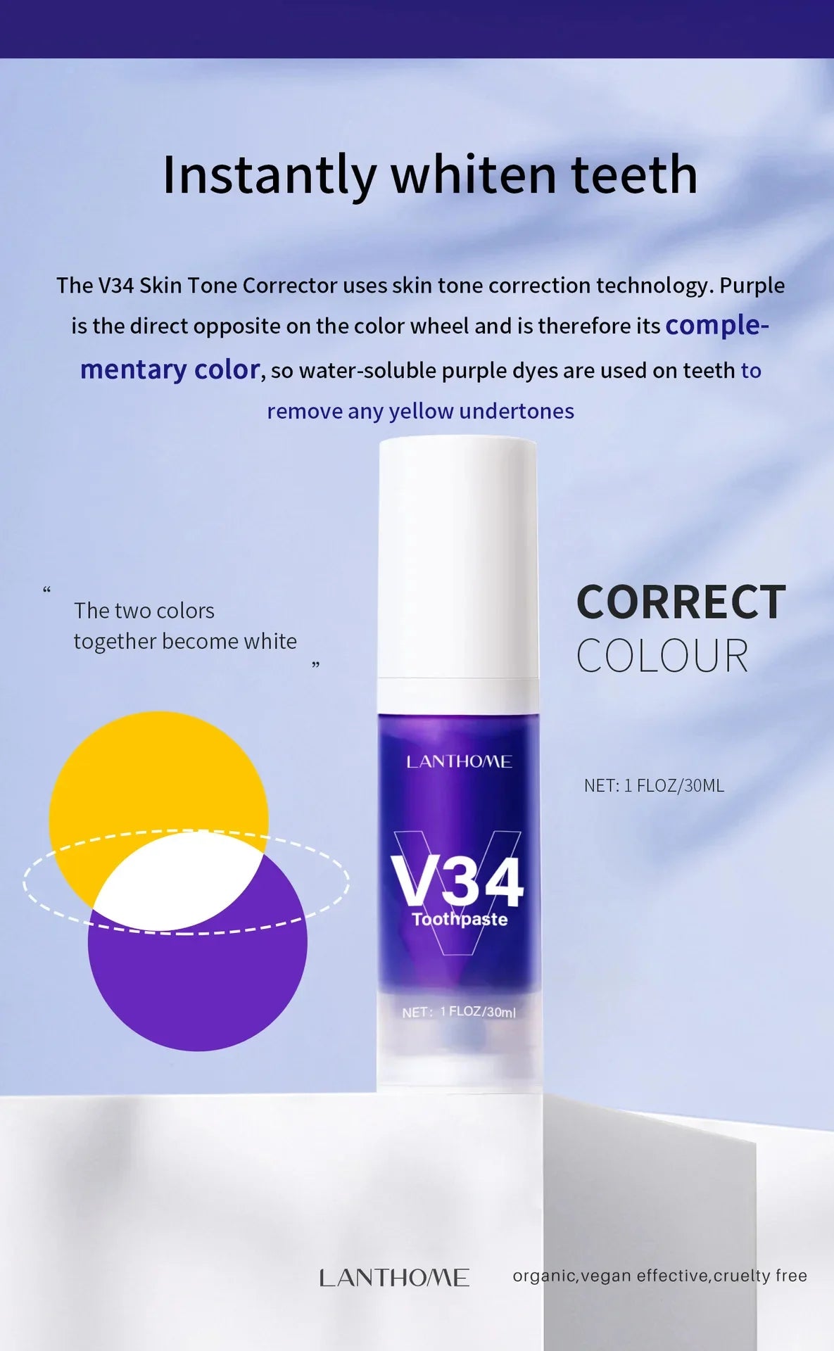 Dentifrice Blanchissant Violet V34 | Élimine Plaque & Taches | Haleine Fraîche | Hygiène Dentaire