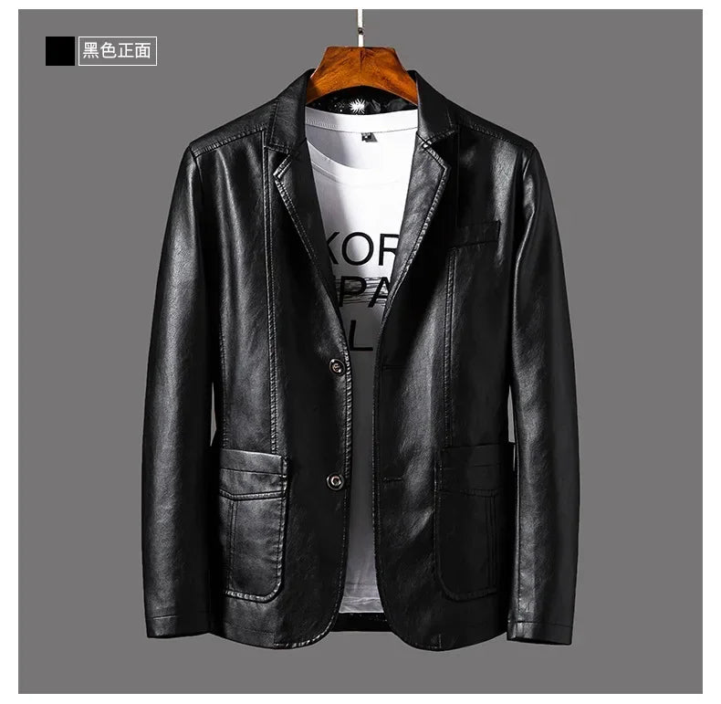 New Leather Jacket Men's Business Casual Lapel PU Leather Blazers Fashion Solid Slim Korean Style Leather Coat Big Size 6XL