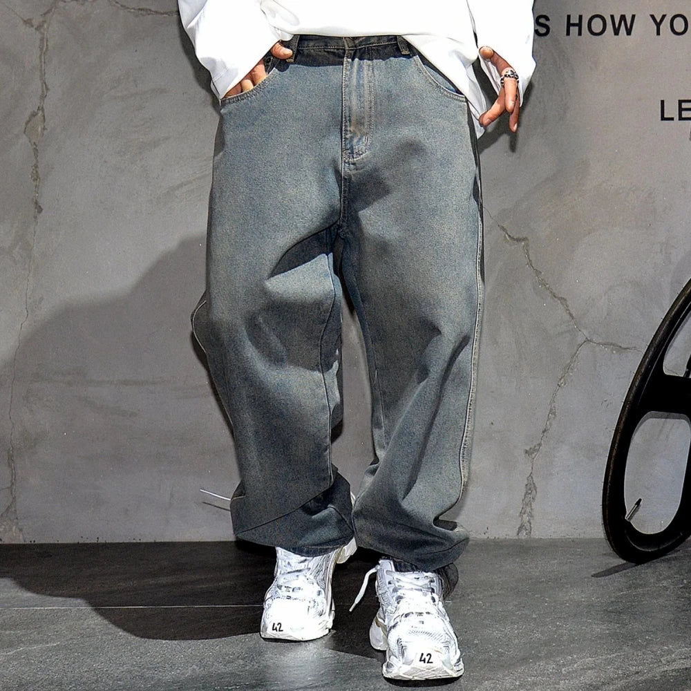 American Streetwear Baggy Jeans For Men's Clothing Vintage Distressed Gray Denim Pants Harajuku Casual Skateboard Pants Male