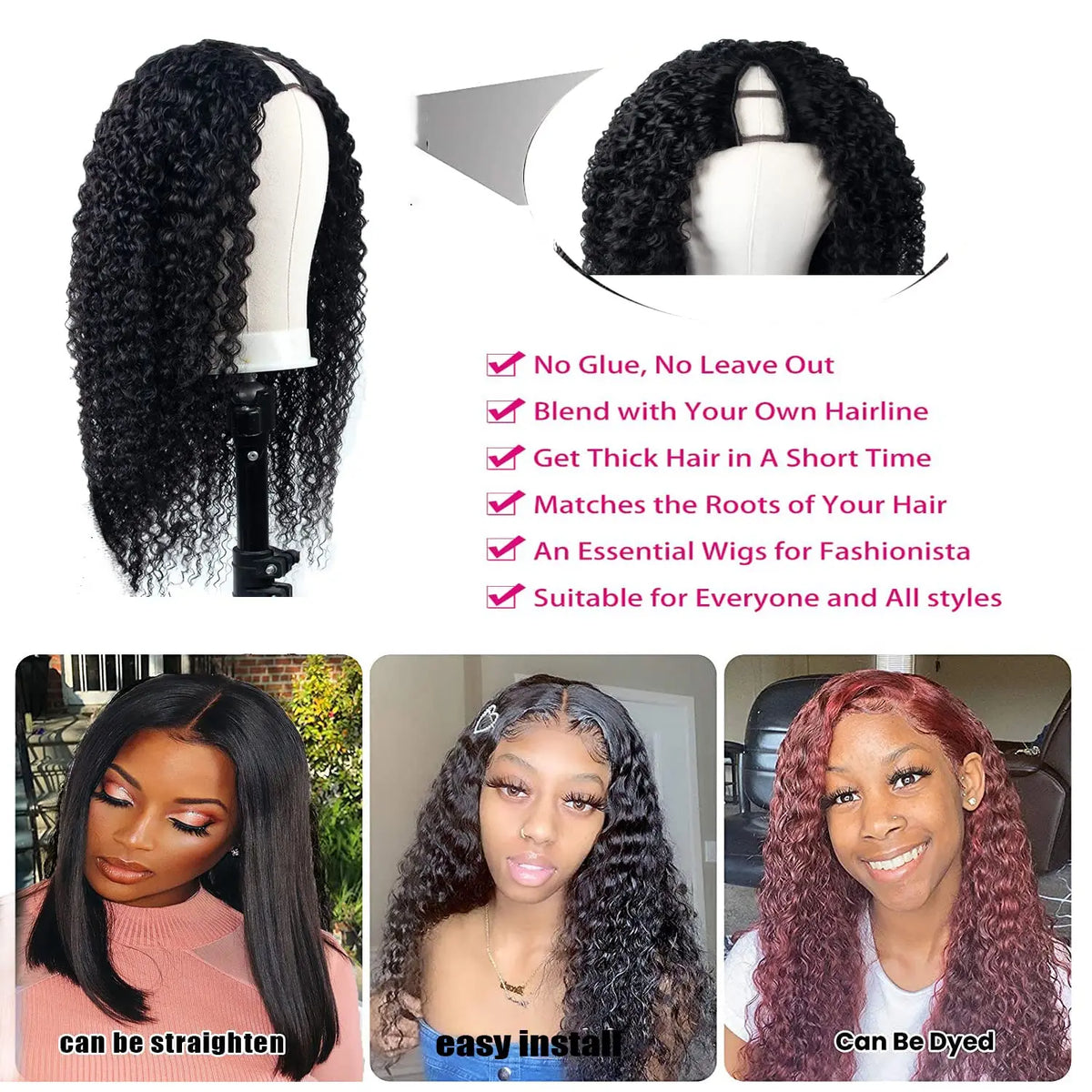 Perruque Kinky Curly U/V Part | Sans Laisse | Sans Colle | Deep Wave | 180% Densité | Cheveux Humains Brésiliens