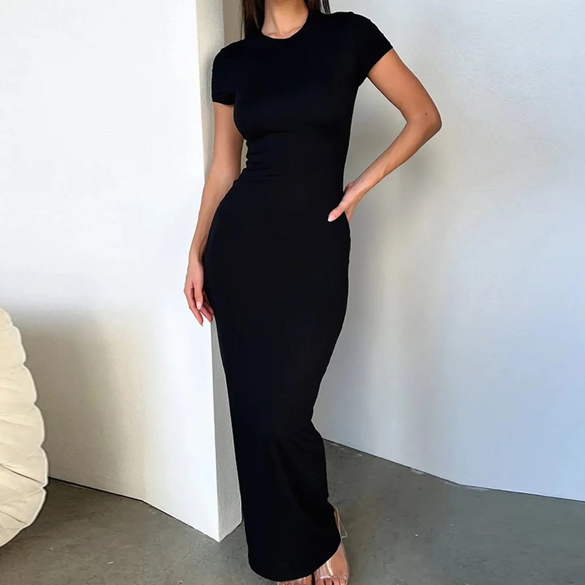 Sexy Skinny Women's Bodycon Party Dress Fashion O-neck Short Sleeve Solid Color Wrapped Hip Package Long Dress Female Sexy Dress