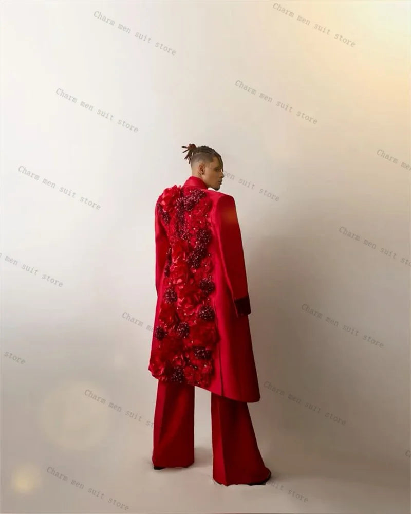 Luxury Crystals Red Men Suits Set 3 Pcs Overcoat+Blazer+Pant Trousers Groom Wedding Tuxedo Formal Office Cotton Prom Jacket Coat
