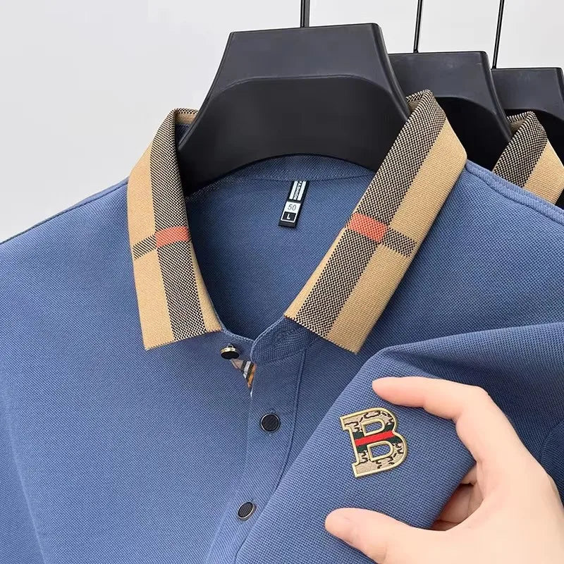 Luxury brand logo short-sleeved polo shirt for men's summer new high-end silk-cotton breathable casual fashion T-shirt clothing