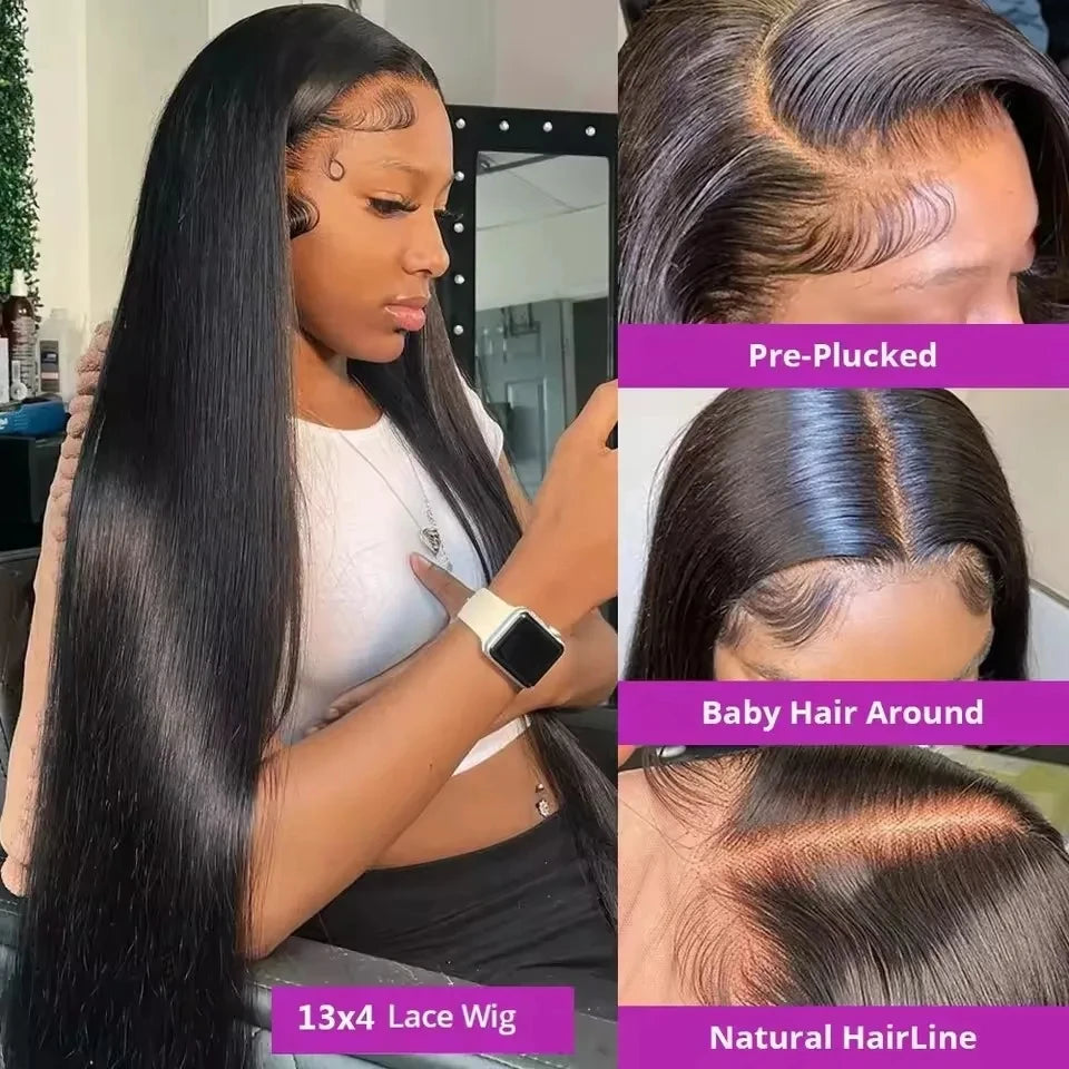 13x4 Brazilian Human Hair Wig Wear and Go 200 Density Straight 13x6 Hd Lace Frontal Wigs Natural Black Pre Plucked Baby Hair