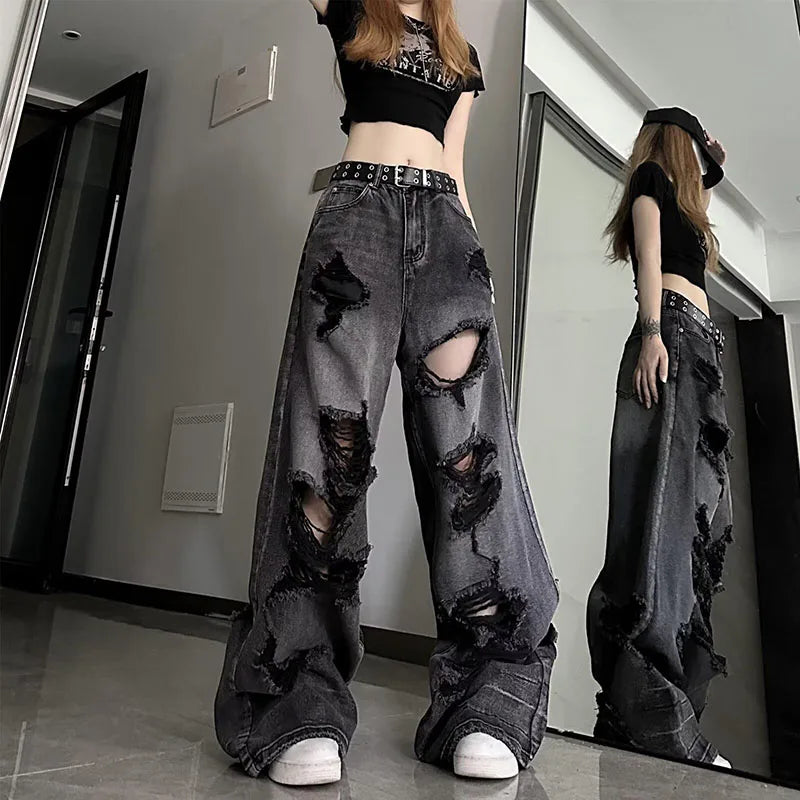 High Street Vintage Black Ripped Jeans Fashion Wide Leg Pants Women's High Waisted Straight Leg Pants Baggy Pants Y2k Jeans