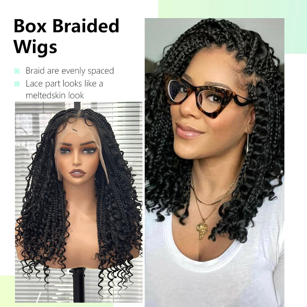 Boho Knotless Box Braided Wigs Full Double Lace Short Braid Wig for Black Women Human Hair Blended Braided Wig with Boho Curls