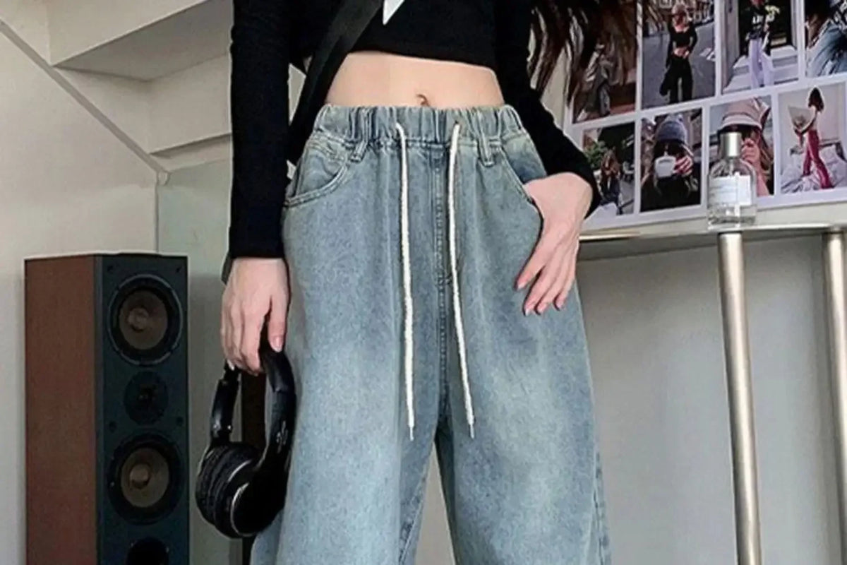 Botvotee Elastic Waist High Waist Wide Leg Jeans for Women Loose Straight Blue Long Denim Pants Female Fashion Streetwear Jeans