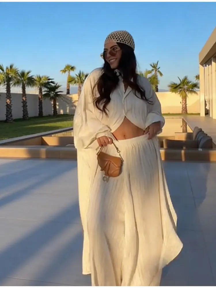 Beige Two-Piece Set Women Oversized Button-Down Shirt & High Waist Wide Leg Pants Y2K Summer Vacation Kaftan Outfit