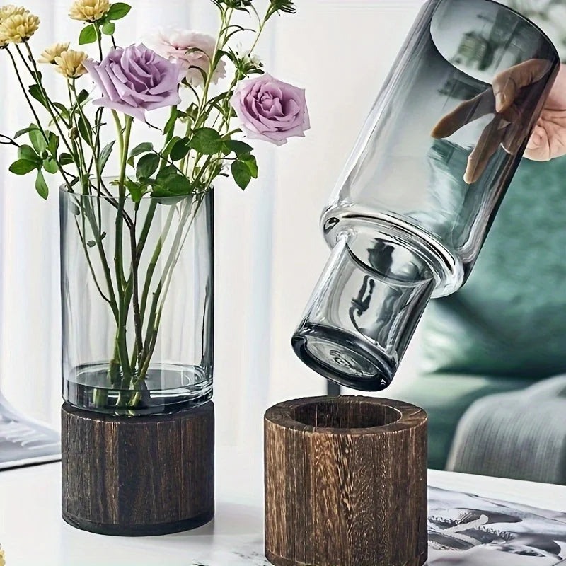 Vase Verre Élégant Base Bois | Plante Hydroponique | Arrangement Floral | Décor Bureau & Maison