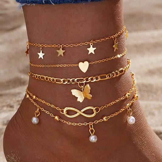 Ensemble Bracelets Cheville Bohème | Papillon Étoile Cœur Perle | Femme Été Plage | Bijou Vacances