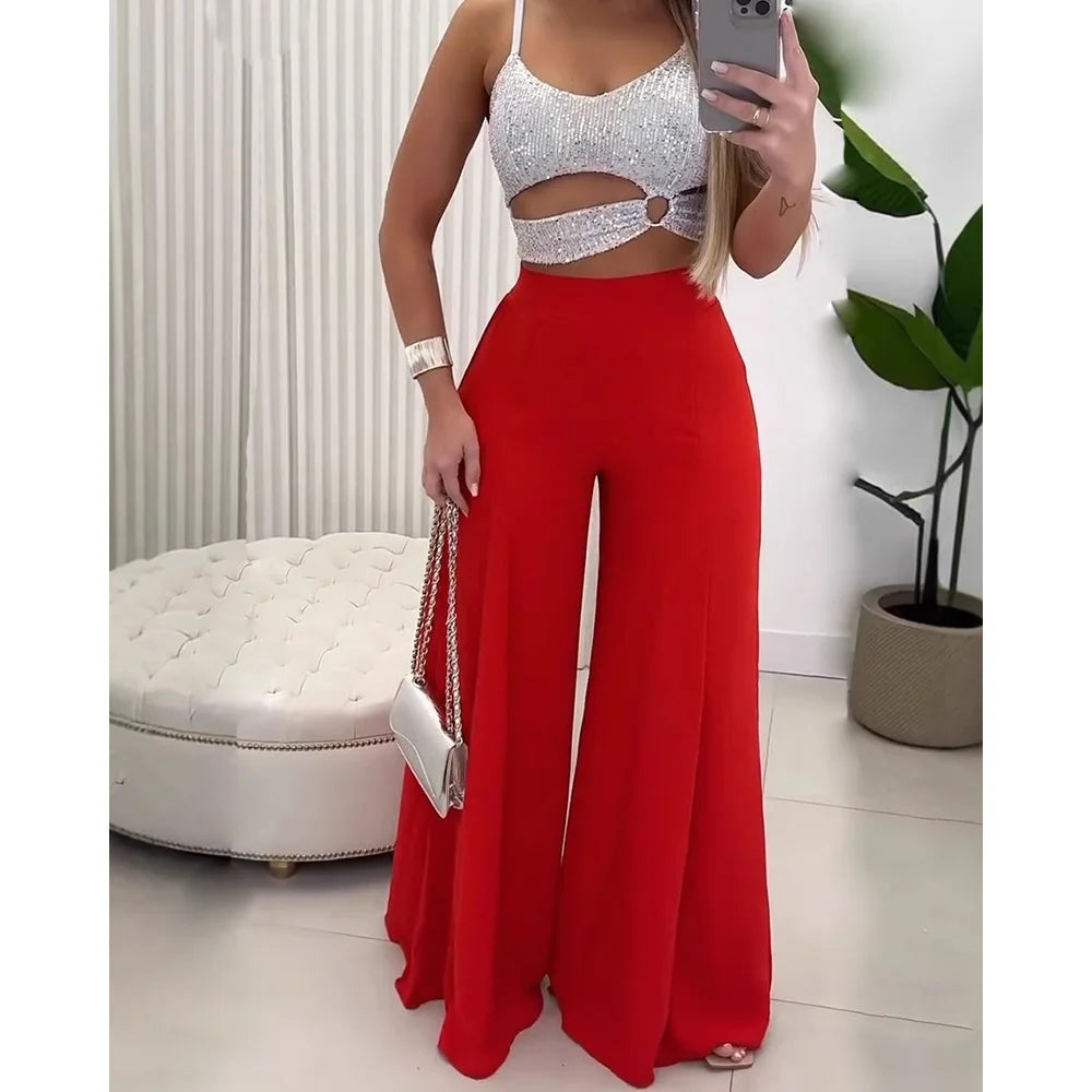 Women's 2-Piece Outfit Slim Fit Wide Leg Pants Spaghetti Strap Top Casual Elegant Summer Spring Matching Set For Party Vacation