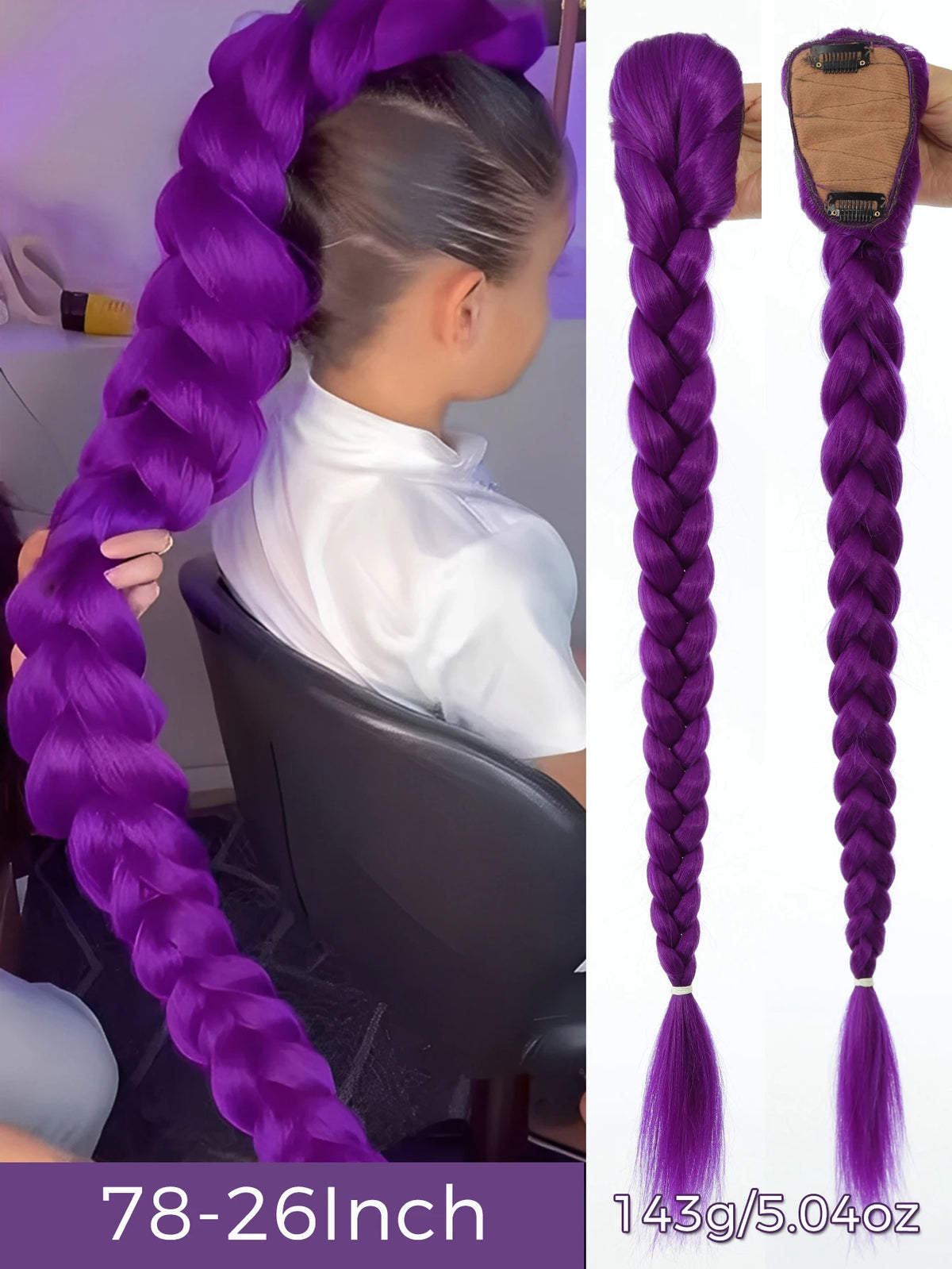 Queue de Cheval Tressée Violette | 32 Pouces | Tinsel Brillant | Extensions Super | Cosplay & Noël | Enfants & Filles